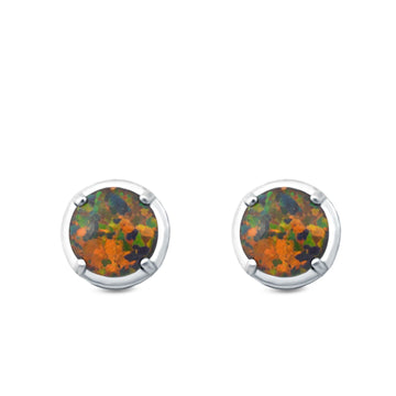 Claw Prong Solitaire Stud Earrings Round Lab Created Black Opal 925 Sterling Silver (7mm)